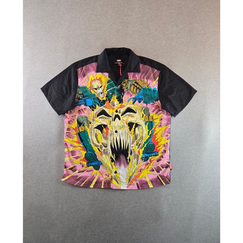 Teddy Fresh x Marvel Ghost Rider Camp Shirt Mens Medium Black Button Down NEW